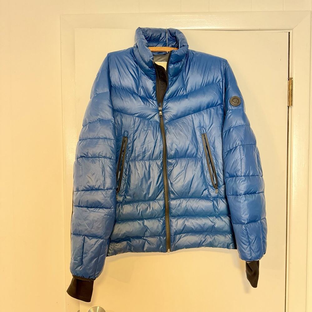 Michael Kors Mens M Blue Black Down Puffer Jacket Stretch Panels MK Logo
